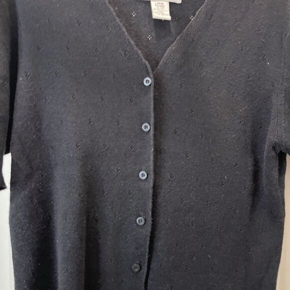 Vintage Worthington Eyelet Black Button Up Short Sleeve Knit Top Womens Size L - Picture 2 of 9